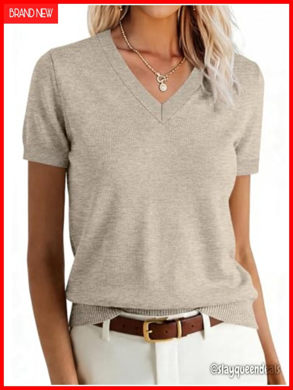 Wool Blend Short Sleeve V-Neck Sweater Top Relaxed Business Casual